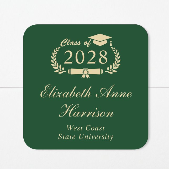 Formal Script Green Gold Graduation Square Sticker (Creator Uploaded)
