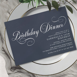 Formal Script   Modern Navy Blue Birthday Dinner Invitation