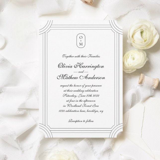 Formal Script w/ Geometric Frame Monogram Wedding Invitation (Creator Uploaded)