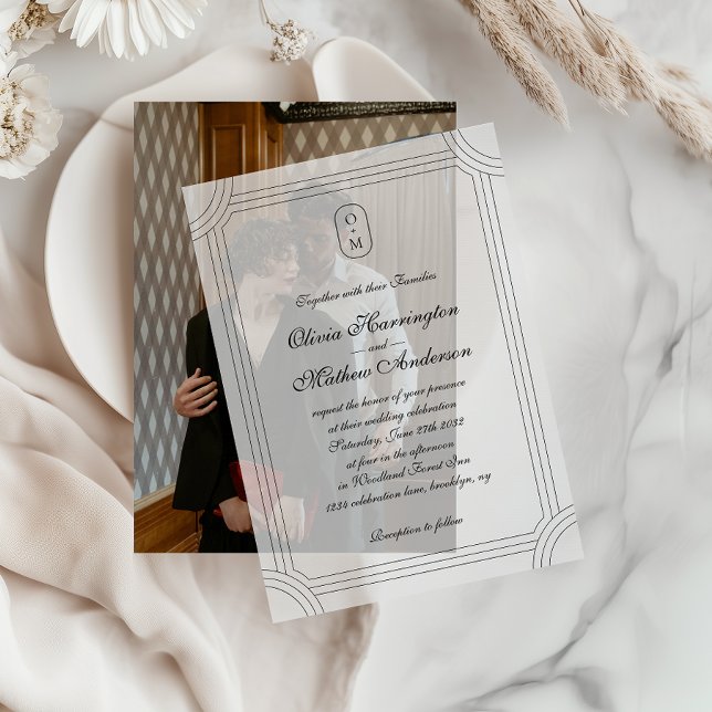 Formal Script w/ Geometric Frame Monogram Wedding Vellum Invitations (Creator Uploaded)