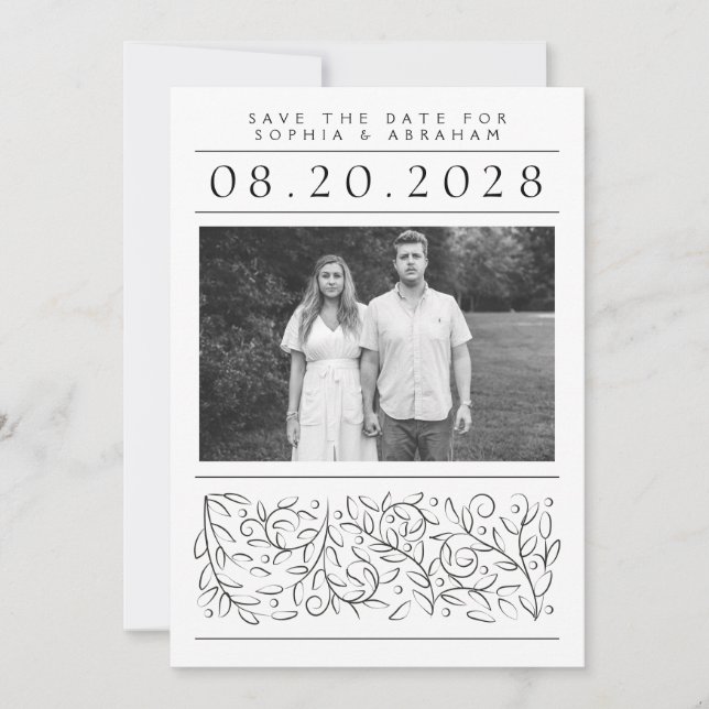Formal Scrolling Leaves Black and White Photo Save The Date (Front)