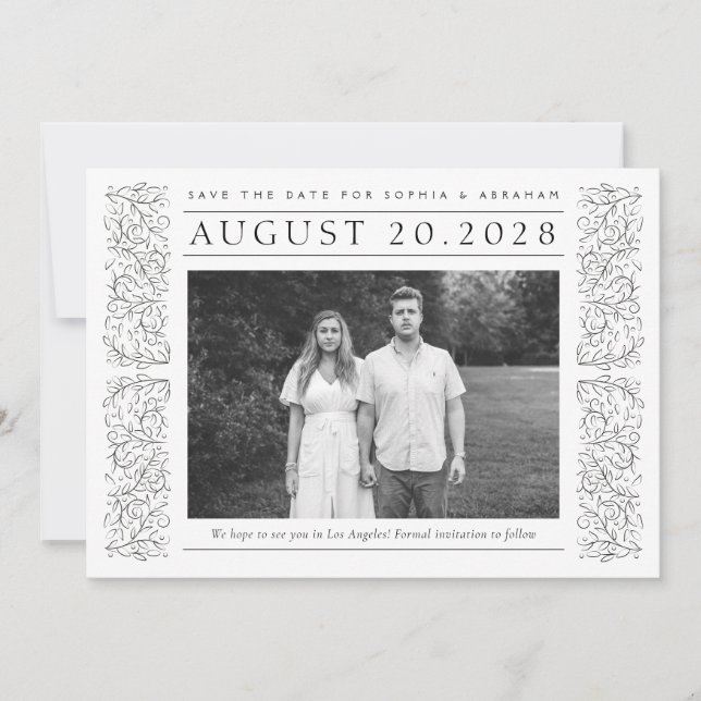 Formal Scrolling Leaves Black and White Photo Save The Date (Front)