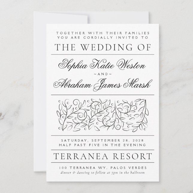 Formal Scrolling Leaves Black and White Wedding Invitation (Front)