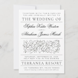 Formal Scrolling Leaves Black and White Wedding Invitation