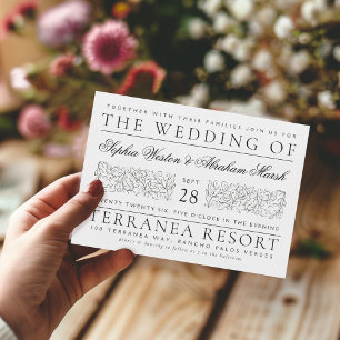 Formal Scrolling Leaves Black and White Wedding Invitation