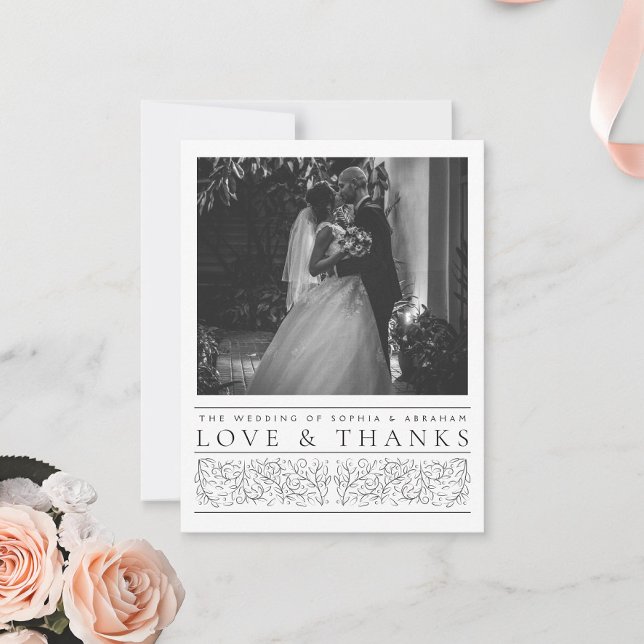 Formal Scrolling Leaves Black White Wedding Photo Thank You Card (Creator Uploaded)