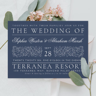 Formal Scrolling Leaves Navy Blue Wedding Invitation