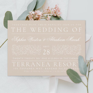 Formal Scrolling Leaves Sandy Beige Wedding Invitation