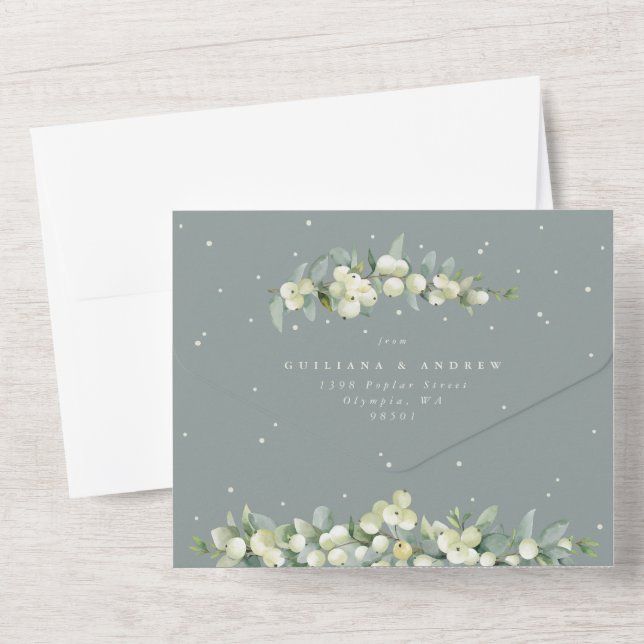 Formal Seafoam/Cream Snowberry+Eucalyptus Wedding All In One Invitation (Back)