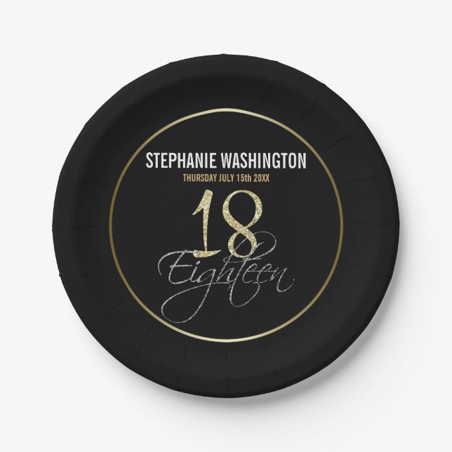 Formal Silver, Black & Gold 18th Birthday Paper Plate (Front)
