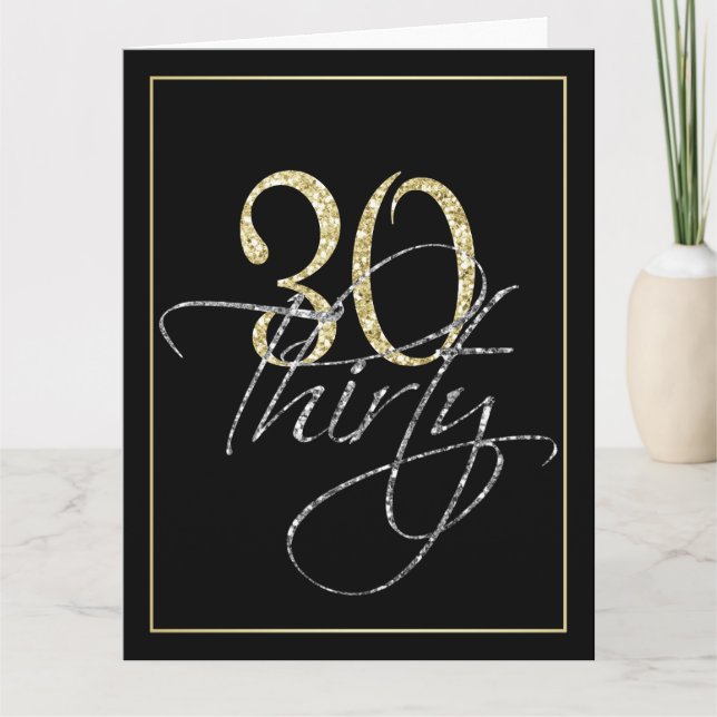 Formal Silver, Black & Gold 30th Birthday Party Card (Front)