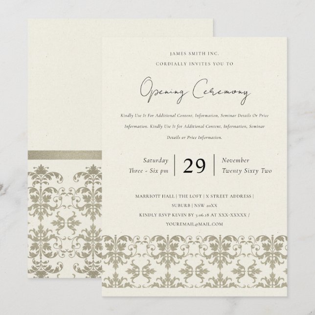 FORMAL SILVER DAMASK GRAND OPENING CEREMONY INVITATION (Front/Back)
