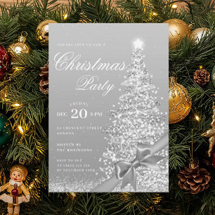 Formal Silver Winter Christmas Tree Bow Holiday Invitation