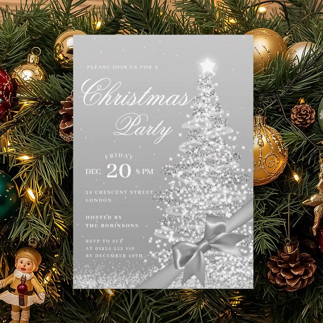 Formal Silver Winter Christmas Tree Bow Holiday  Invitation (Formal Silver Winter Christmas Tree Bow Holiday Invitation)