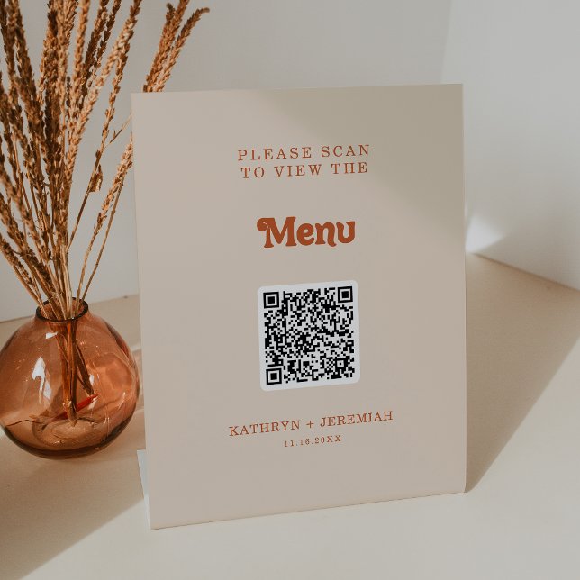 Formal Simple Terracotta QR Code Wedding Menu Pedestal Sign (Creator Uploaded)