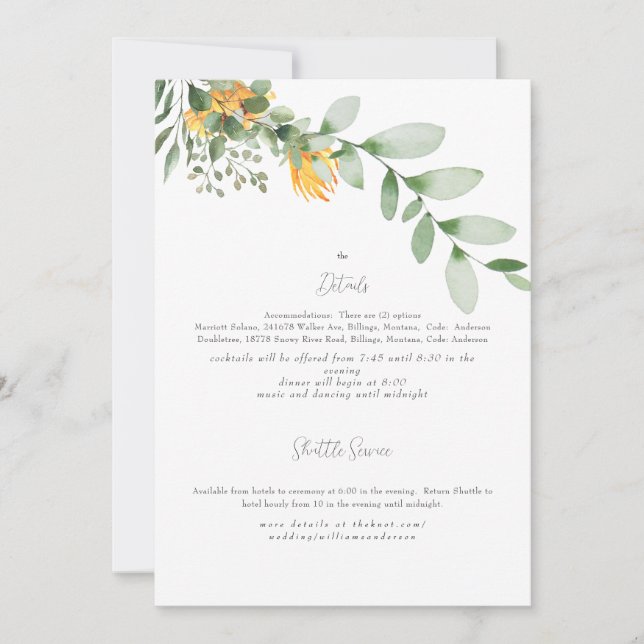 Formal Sunflower Wedding Detail Invitation (Front)