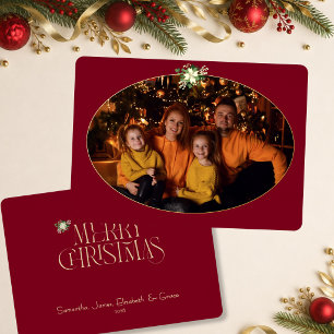 Formal Teal Oval Christmas Photo Framed in Gold Foil Holiday Card