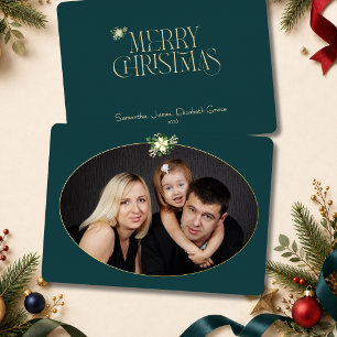 Formal Teal Oval Christmas Photo Framed in Gold Foil Holiday Card