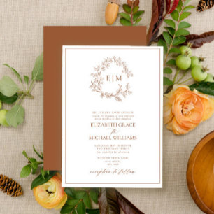 Formal Terracotta Leafy Crest Monogram Wedding Invitation
