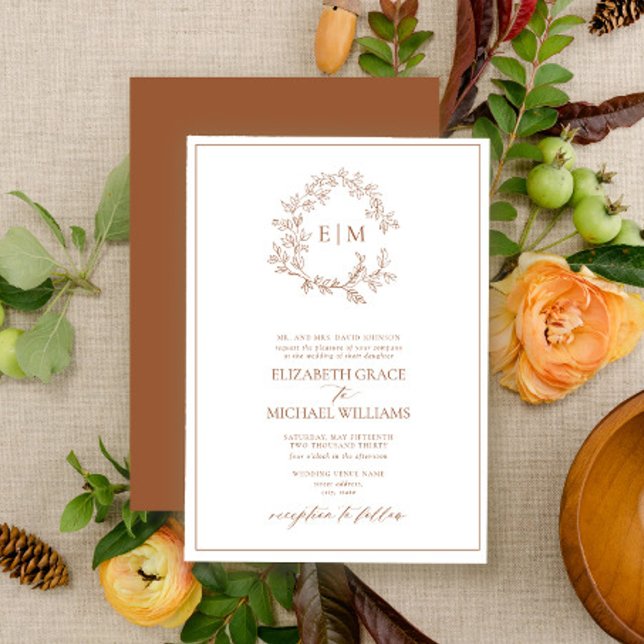 Formal Terracotta Leafy Crest Monogram Wedding Invitation (Creator Uploaded)