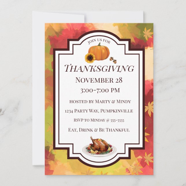 Formal Thanksgiving autumn Leaves turkey Invitation (Front)