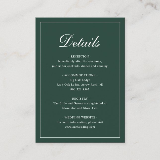 Formal Traditional Elegant Forest Green Wedding Enclosure Card (Front)