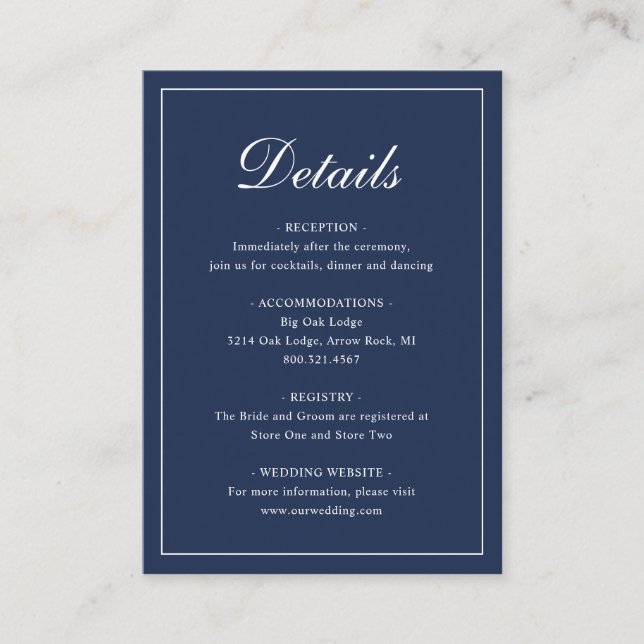 Formal Traditional Elegant Navy Blue Wedding Enclosure Card (Front)