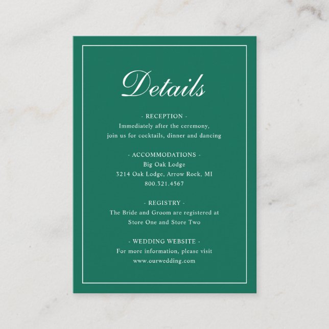 Formal Traditional Emerald Green Elegant Wedding Enclosure Card (Front)