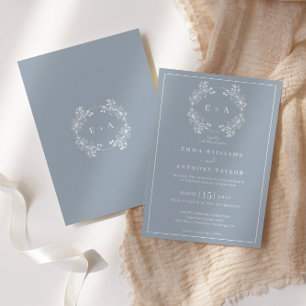 Formal Vintage Dusty Blue Monogram Wedding Invitation