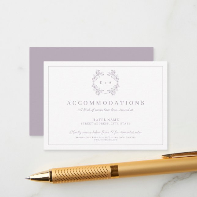 Formal Vintage Lavender Monogram Wedding  Enclosure Card (Front/Back In Situ)