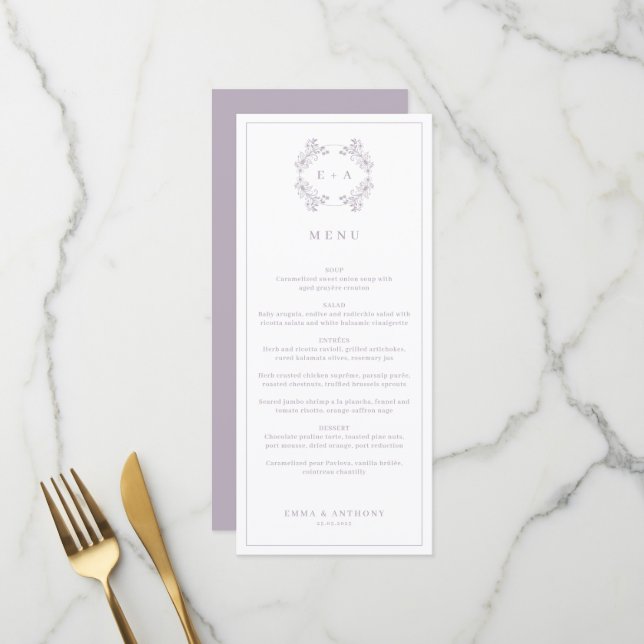 Formal Vintage Lavender Monogram Wedding Menu (Front/Back In Situ)