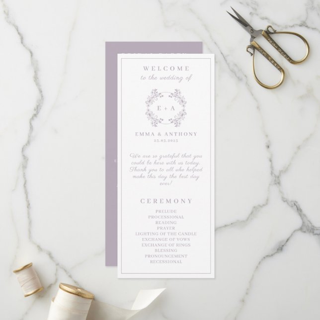 Formal Vintage Lavender Monogram Wedding Program Programme (Front/Back In Situ)