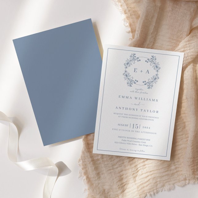 Formal Vintage Periwinkle Monogram Wedding  Invitation (Creator Uploaded)