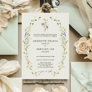 Formal Vintage Rustic Wildflower Monogram Wedding Invitation