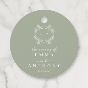 Formal Vintage Sage Green Monogram Wedding Favour Tags