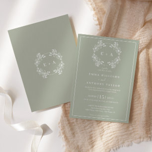 Formal Vintage Sage Green Monogram Wedding  Invitation