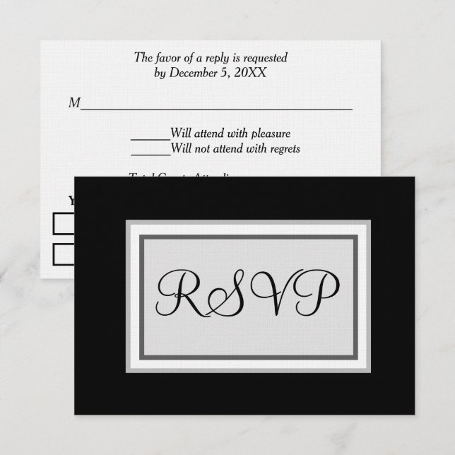 Formal Wedding Black White Silver RSVP Card (Front/Back)