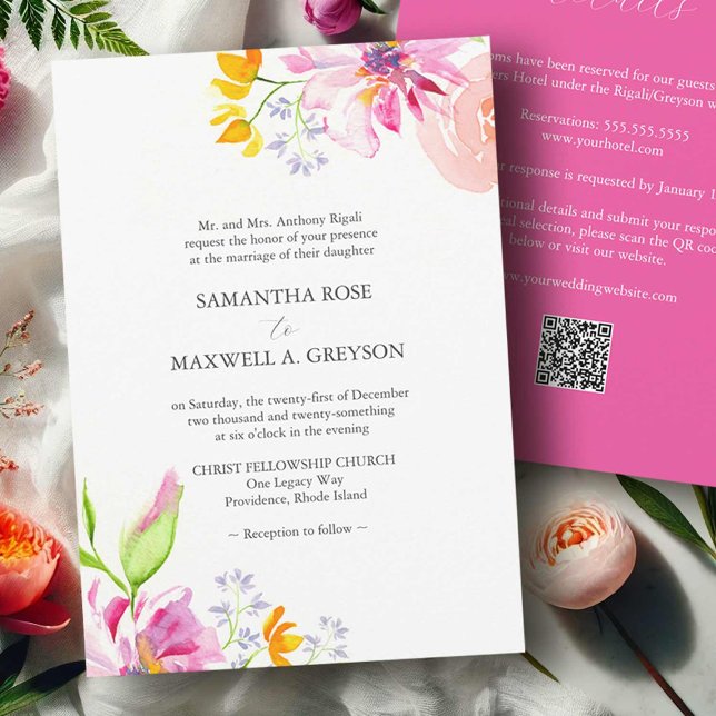 Formal Wedding Invitations with QR Code Floral (Bold wedding invitations pink orange flowers QR code watercolor art by Victoria Grigaliunas )