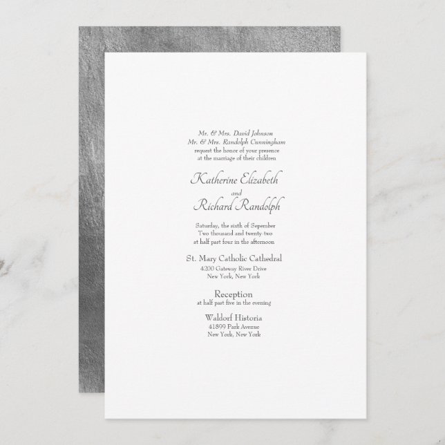 Formal Wedding Metallic Silver & White Invitation (Front/Back)