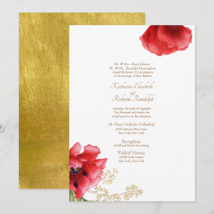 Formal Wedding Red Floral & Metallic Gold  Invitation