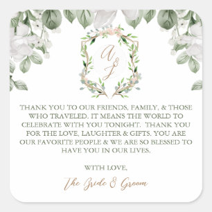Formal Wedding Thank you Card Gift Favours Square Sticker