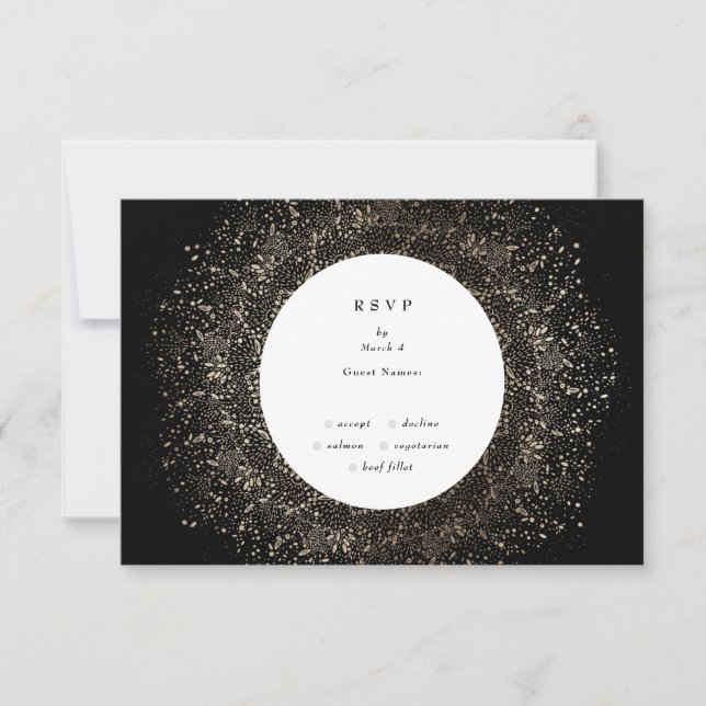 Formal Whimsical Hand Drawn Black and Gold Wedding RSVP Card (Front)