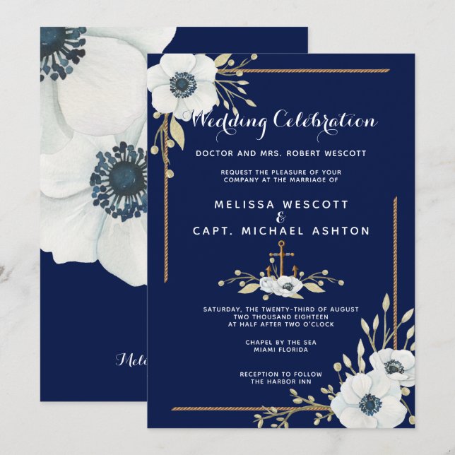 Formal White Anemone Nautical Navy Wedding Invitation (Front/Back)