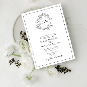 Formal White Black Leafy Crest Monogram Wedding Invitation