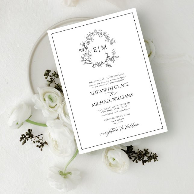 Formal White Black Leafy Crest Monogram Wedding Invitation (Creator Uploaded)