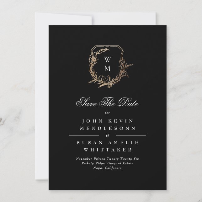 Formal White Black Monogram Gold Crest Photo Save The Date (Front)