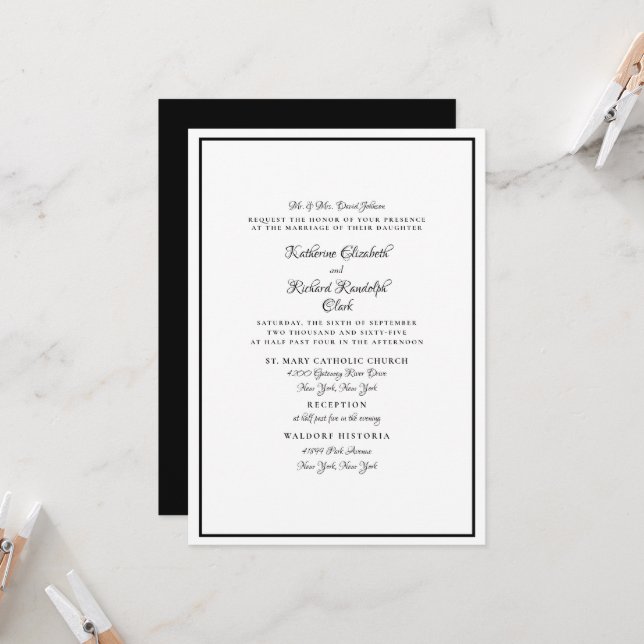 Formal White & Black Wedding Elegant Script Invitation (Front/Back In Situ)
