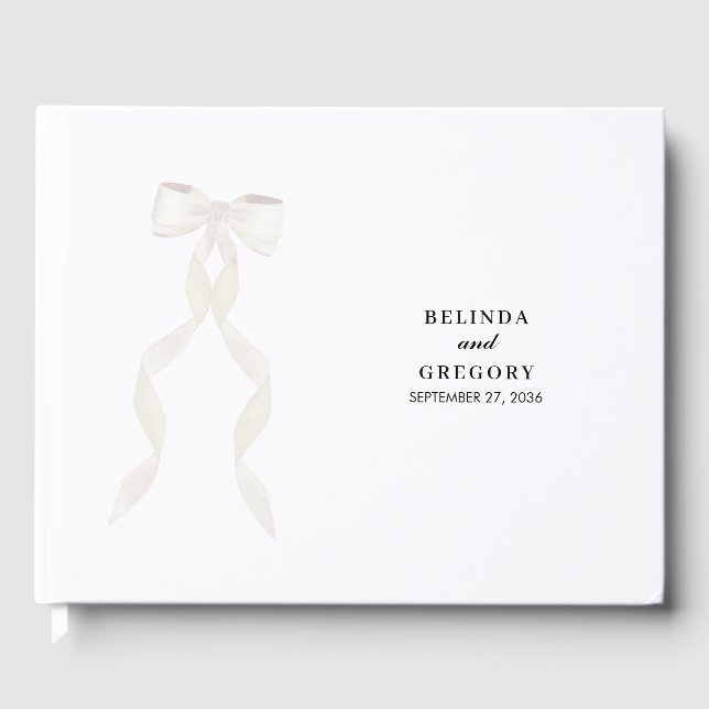 Formal White Bow Ribbon Elegant Wedding Guest Book (Front)