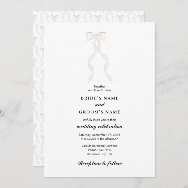 Formal White Bow Ribbon Elegant Wedding Invitation (Front/Back)