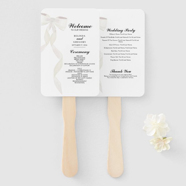 Formal White Bow Ribbon Elegant Wedding Program Hand Fan (Front and Back)